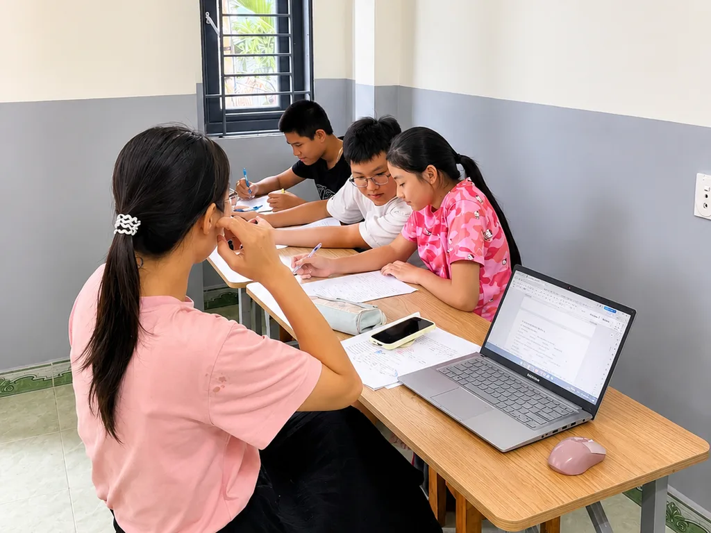 Học sinh trao đổi bài tập cùng giáo viên trong lớp học nhóm nhỏ